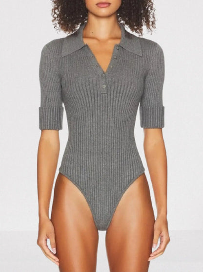 Ribbed Polo Bodysuit and Matching Belted Pant Set - Suits & Sets