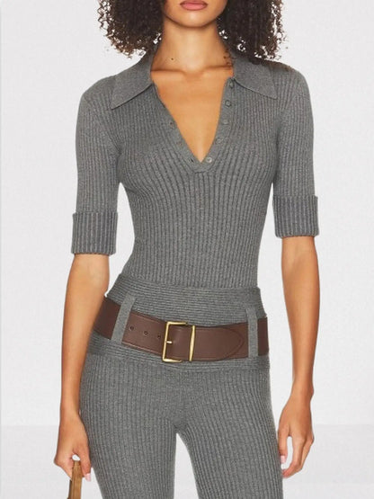 Ribbed Polo Bodysuit and Matching Belted Pant Set - Suits & Sets