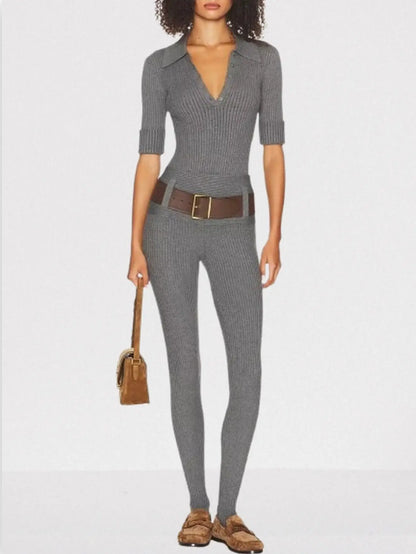 Ribbed Polo Bodysuit and Matching Belted Pant Set - Suits & Sets