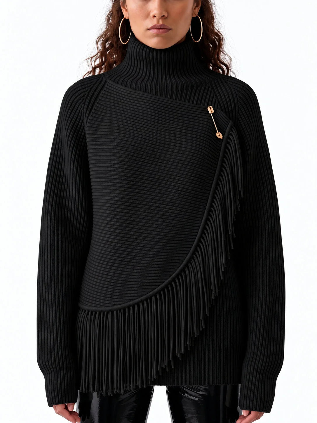 Ribbed Turtleneck Wool Sweater with Fringed Wrap Panel - Small / Black - Sweaters & Knitwear