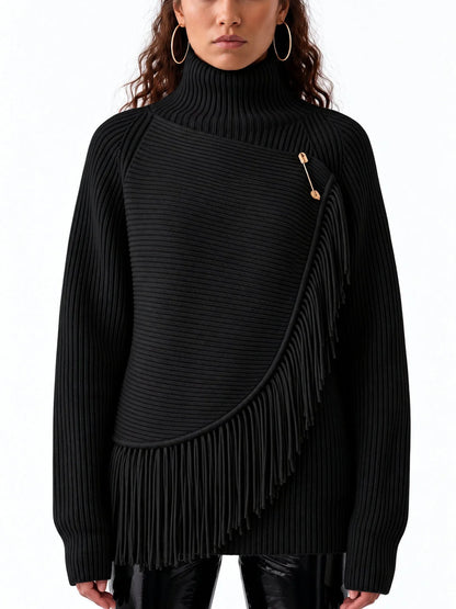 Ribbed Turtleneck Wool Sweater with Fringed Wrap Panel - Small / Black - Sweaters & Knitwear