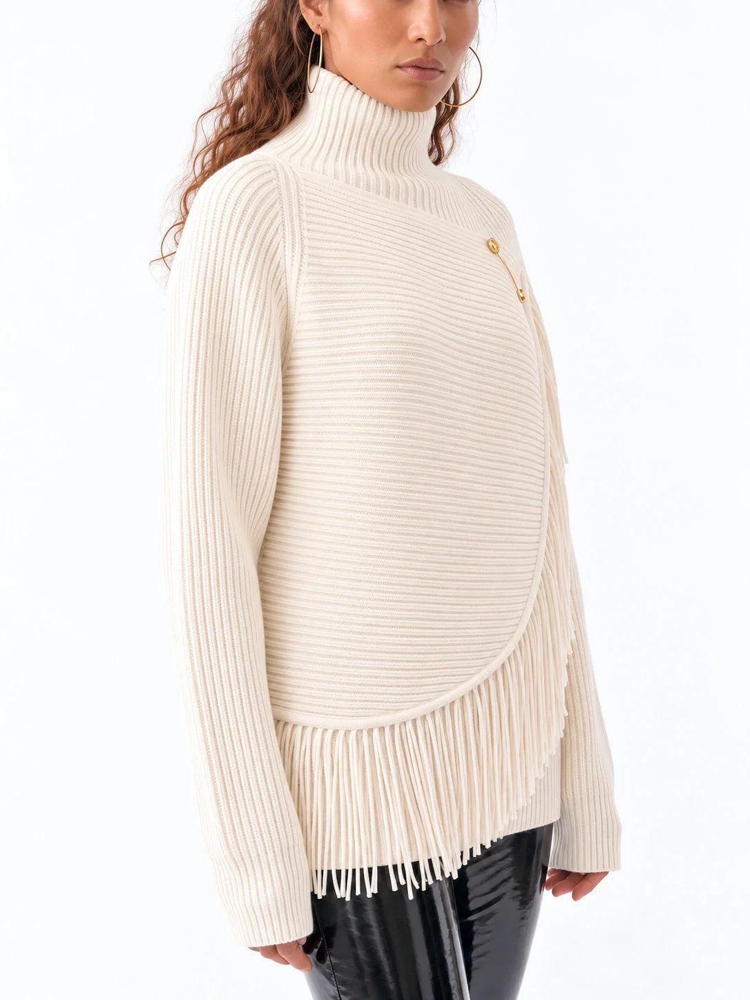 Ribbed Turtleneck Wool Sweater with Fringed Wrap Panel - Sweaters & Knitwear
