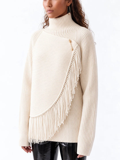 Ribbed Turtleneck Wool Sweater with Fringed Wrap Panel - Sweaters & Knitwear