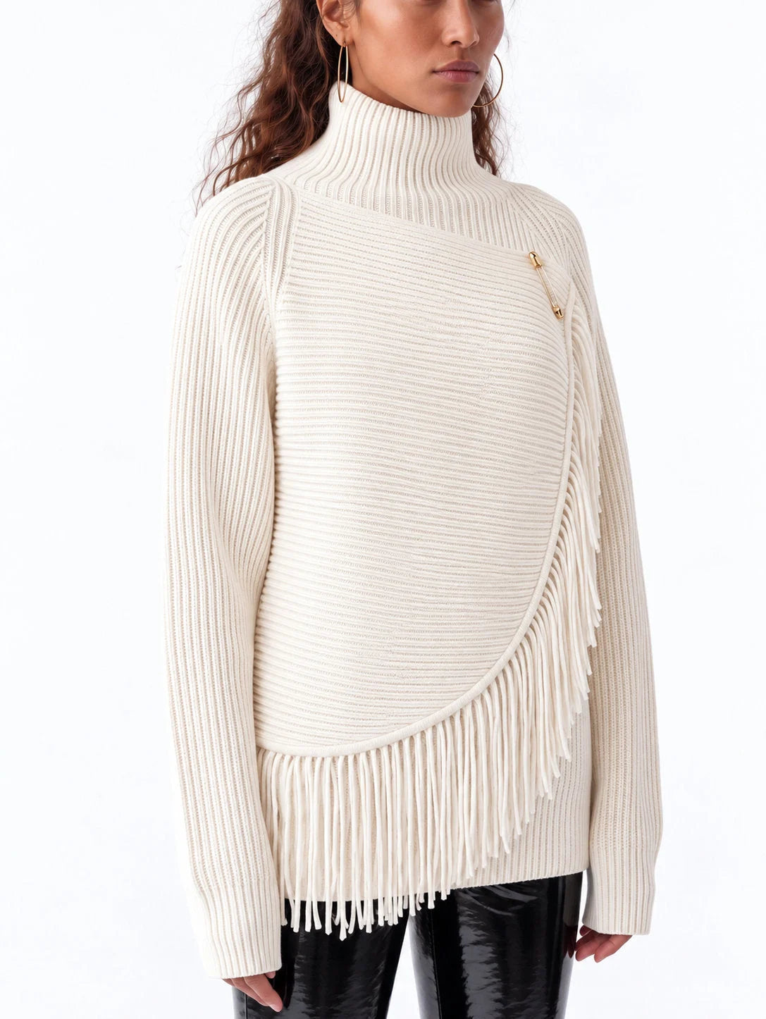 Ribbed Turtleneck Wool Sweater with Fringed Wrap Panel - Sweaters & Knitwear
