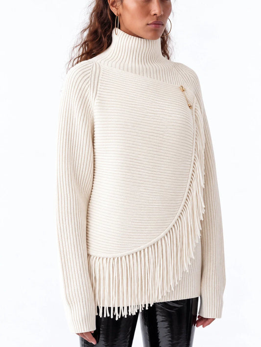 Ribbed Turtleneck Wool Sweater with Fringed Wrap Panel - Sweaters & Knitwear