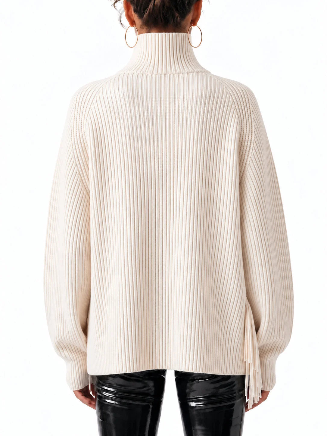Ribbed Turtleneck Wool Sweater with Fringed Wrap Panel - Sweaters & Knitwear