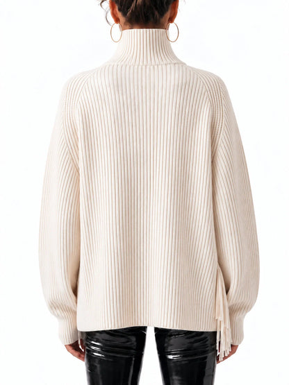 Ribbed Turtleneck Wool Sweater with Fringed Wrap Panel - Sweaters & Knitwear