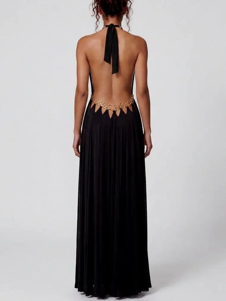 Ring Detail Halter Cutout Maxi Dress in Black - Dresses