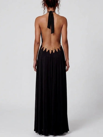 Ring Detail Halter Cutout Maxi Dress in Black - Dresses