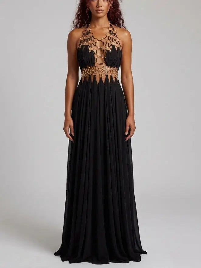Ring Detail Halter Cutout Maxi Dress in Black - Dresses