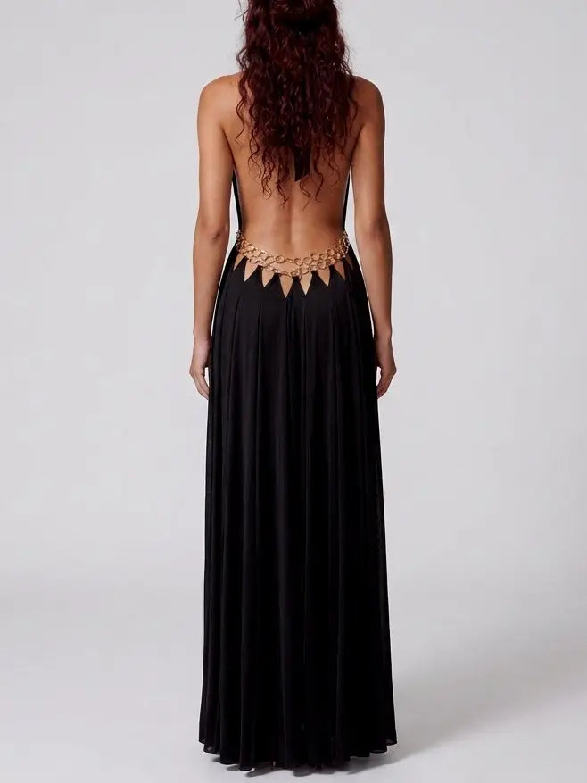 Ring Detail Halter Cutout Maxi Dress in Black - Dresses