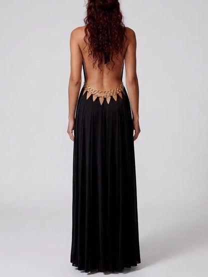 Ring Detail Halter Cutout Maxi Dress in Black - Dresses