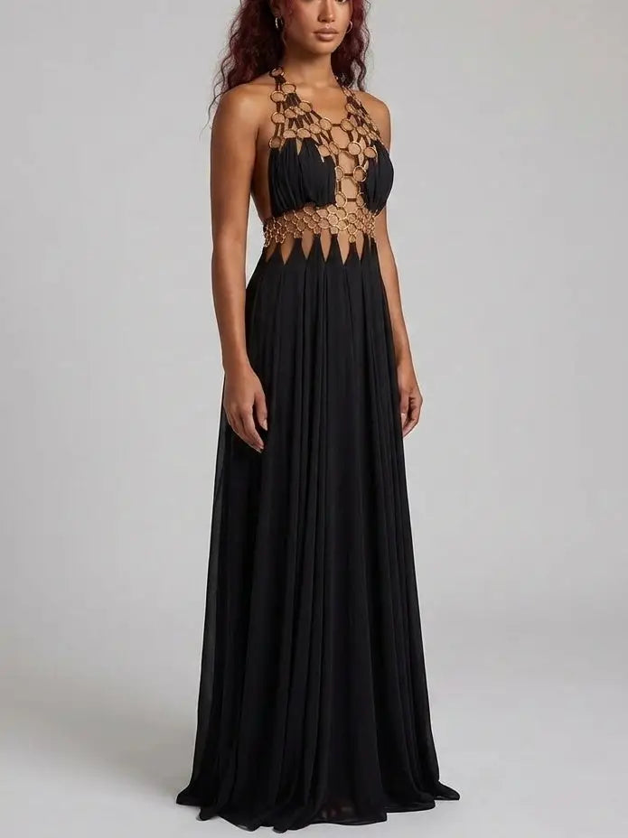 Ring Detail Halter Cutout Maxi Dress in Black - Dresses