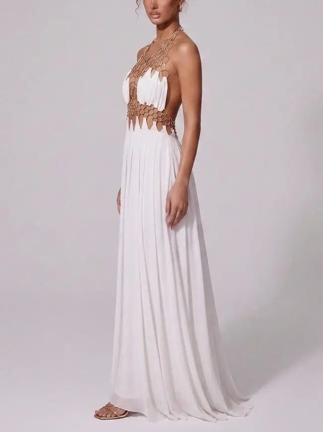 Ring Detail Halter Cutout Maxi Dress in White - Dresses