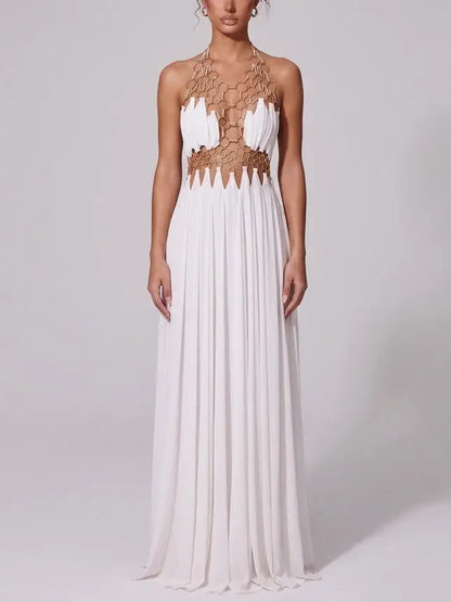 Ring Detail Halter Cutout Maxi Dress in White - Dresses
