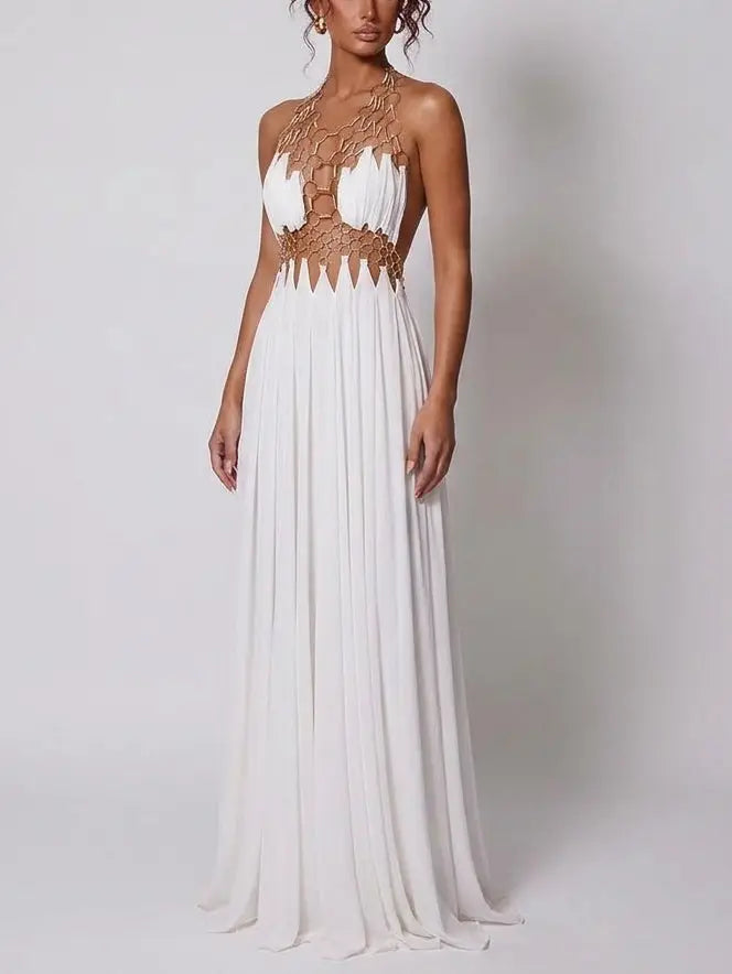 Ring Detail Halter Cutout Maxi Dress in White - Dresses