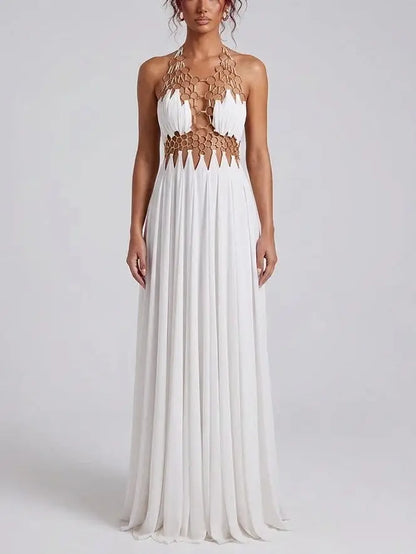 Ring Detail Halter Cutout Maxi Dress in White - Dresses