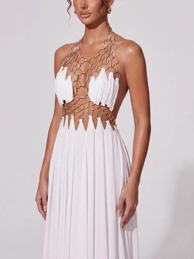 Ring Detail Halter Cutout Maxi Dress in White - Dresses