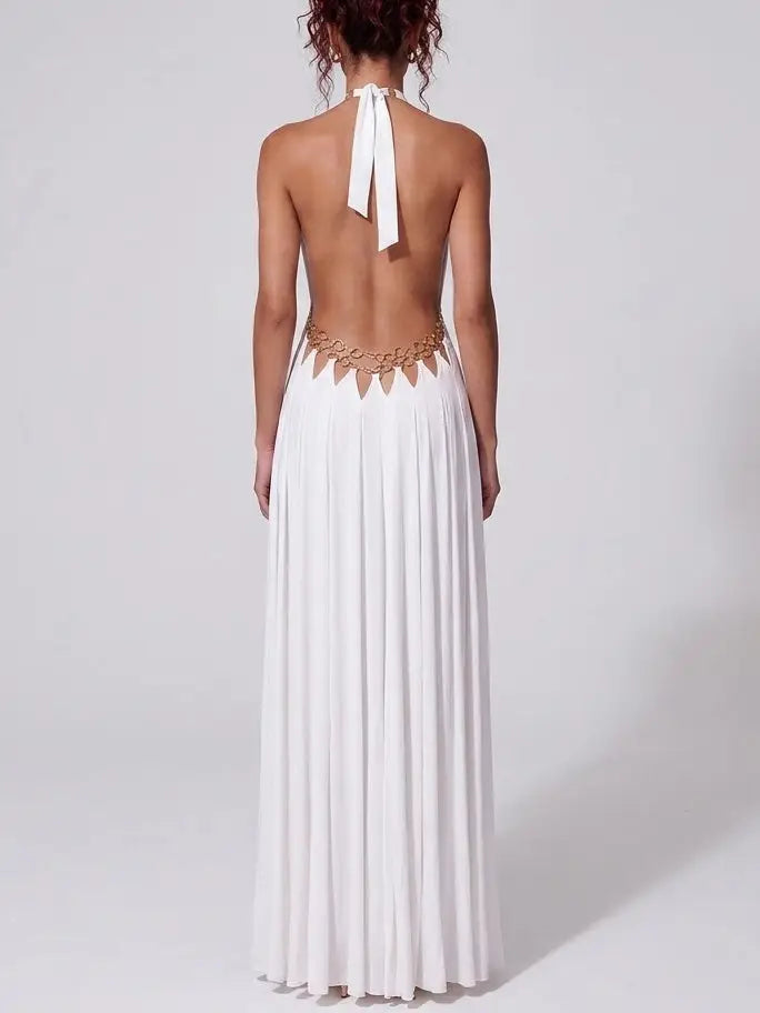 Ring Detail Halter Cutout Maxi Dress in White - Dresses