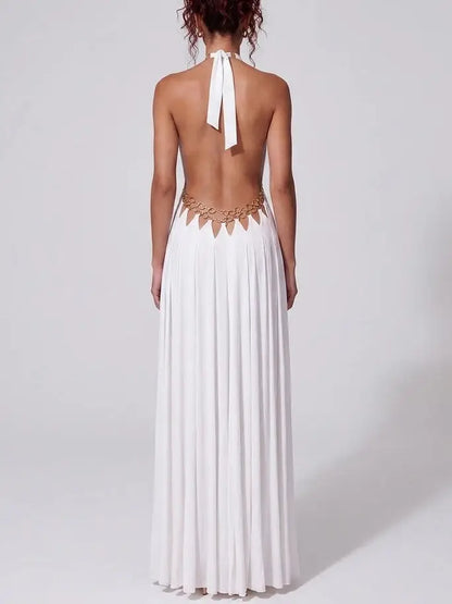 Ring Detail Halter Cutout Maxi Dress in White - Dresses