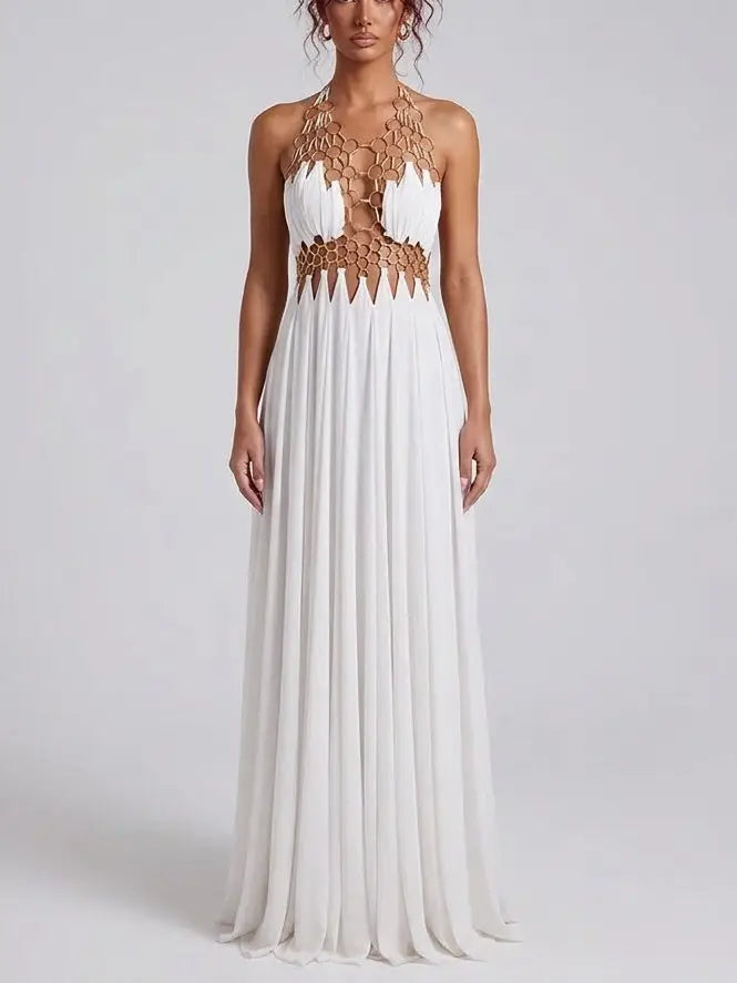 Ring Detail Halter Cutout Maxi Dress in White - Dresses