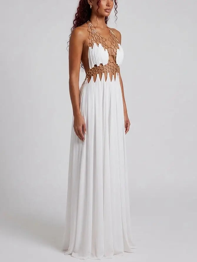 Ring Detail Halter Cutout Maxi Dress in White - Dresses