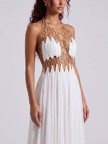 Ring Detail Halter Cutout Maxi Dress in White - Dresses