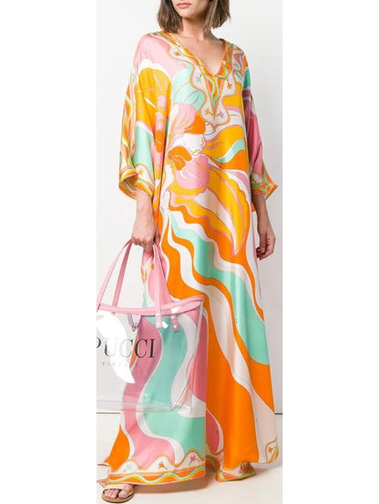 Rivera Long Kaftan Dress in Orange and Multi - Branna Couture