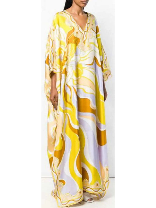 Rivera Long Kaftan Dress in Yellow and Multi - Branna Couture