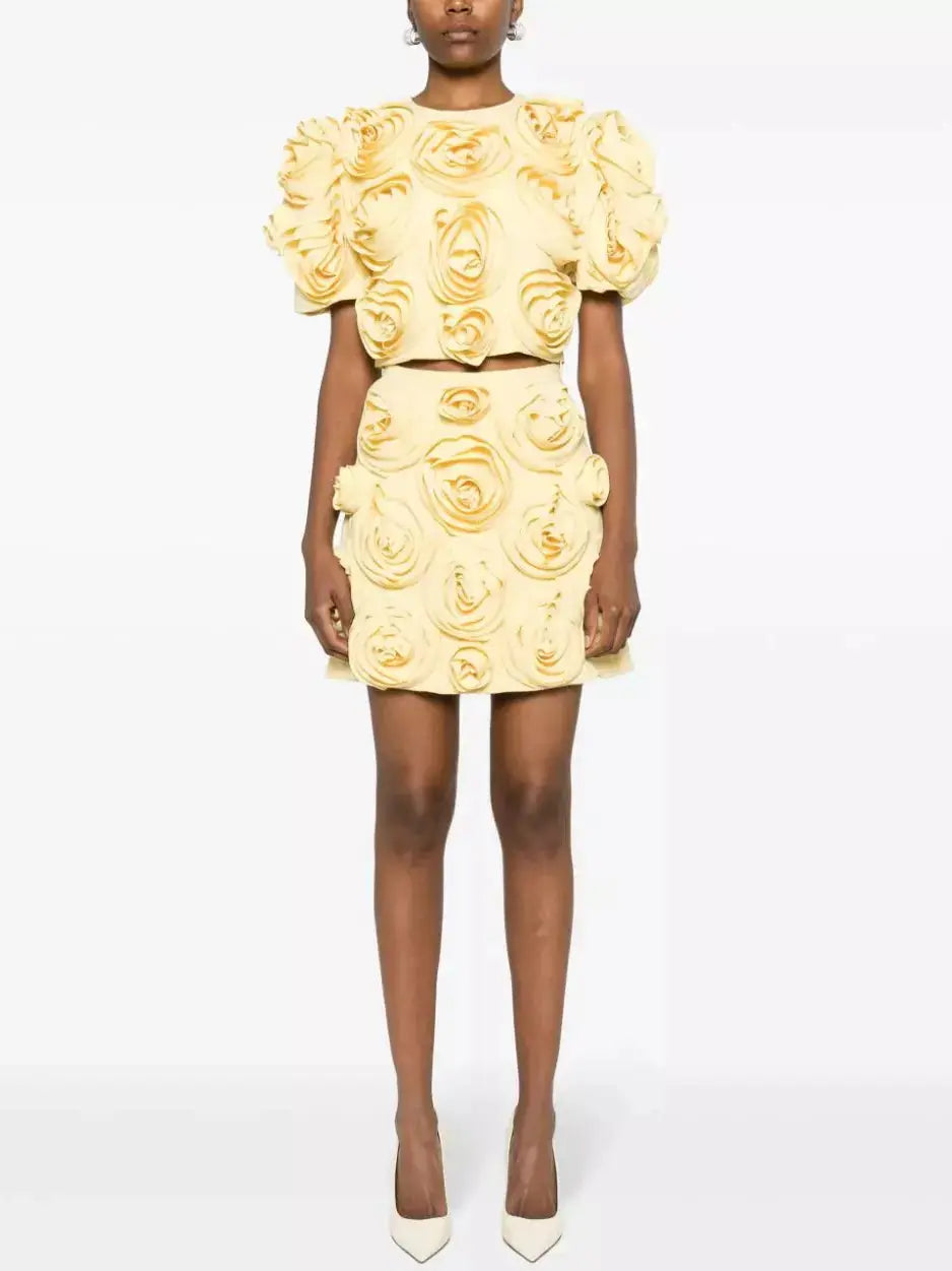 Rose-Applique Crop Top and Mini Skirt Set in Yellow - Branna Couture