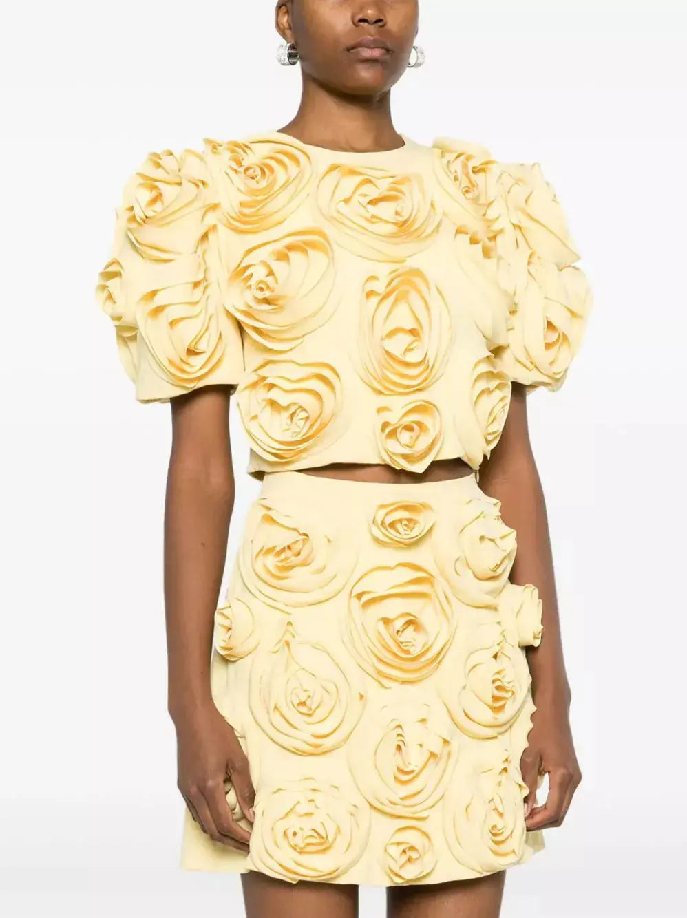 Rose-Applique Crop Top and Mini Skirt Set in Yellow - Branna Couture