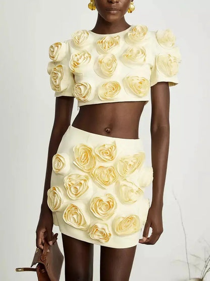 Rose-Applique Crop Top and Mini Skirt Set in Yellow - Branna Couture