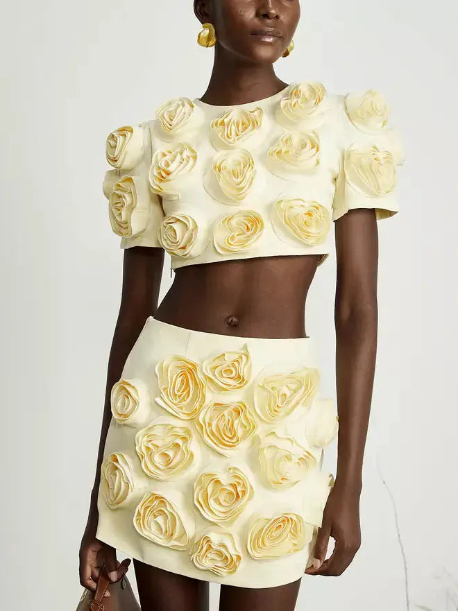 Rose-Applique Crop Top and Mini Skirt Set in Yellow - Branna Couture