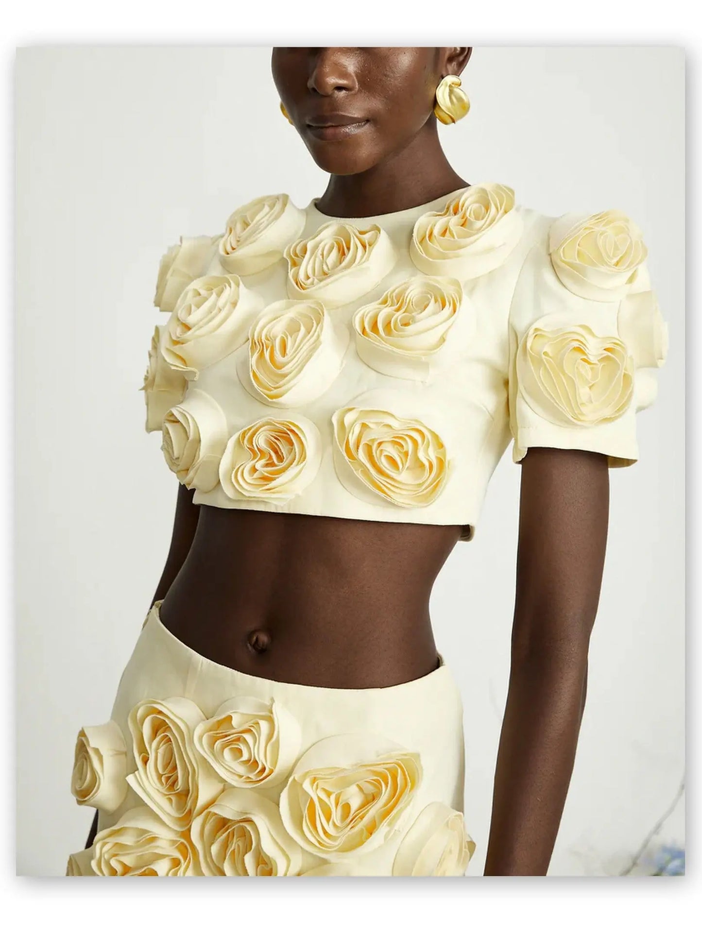 Rose-Applique Crop Top and Mini Skirt Set in Yellow - Branna Couture