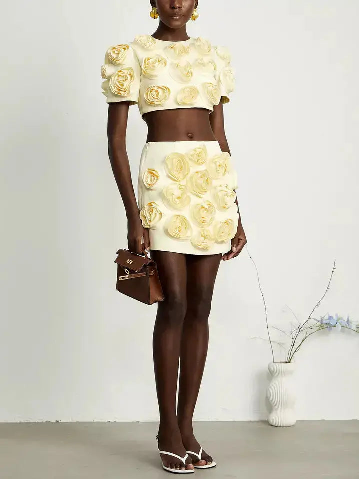 Rose-Applique Crop Top and Mini Skirt Set in Yellow - Branna Couture