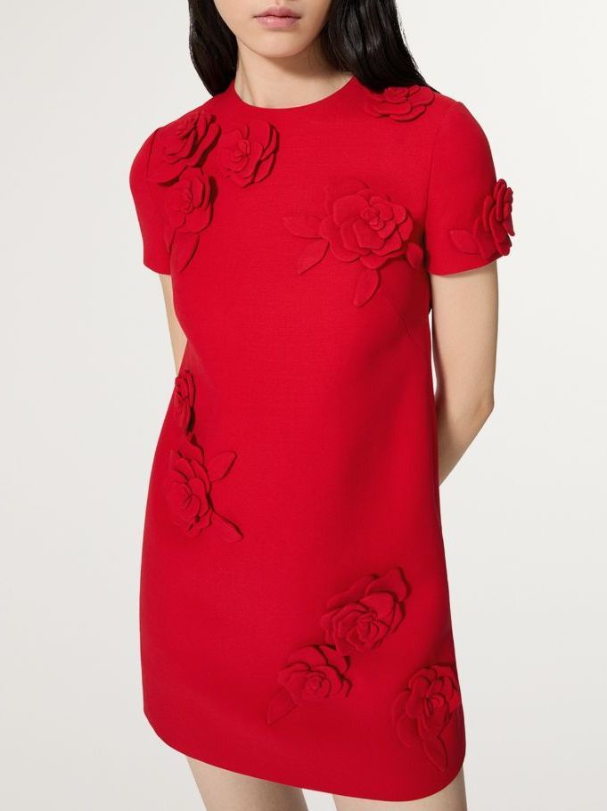 Rose-Appliqué Mini Dress in Red Branna Couture