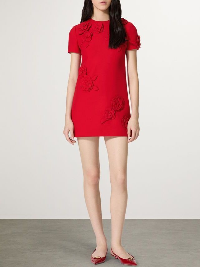 Rose-Appliqué Mini Dress in Red Branna Couture