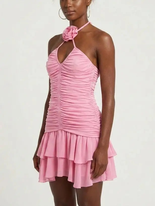 Rose-Appliqué Pink Ruched Mini Dress - Dresses
