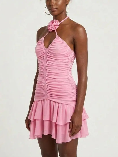 Rose-Appliqué Pink Ruched Mini Dress - Dresses
