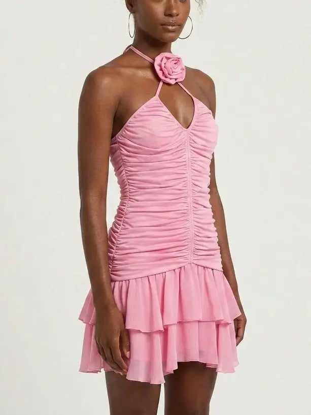Rose-Appliqu Pink Ruched Mini Dress Rose-Appliqu Pink Ruched Mini Dress
