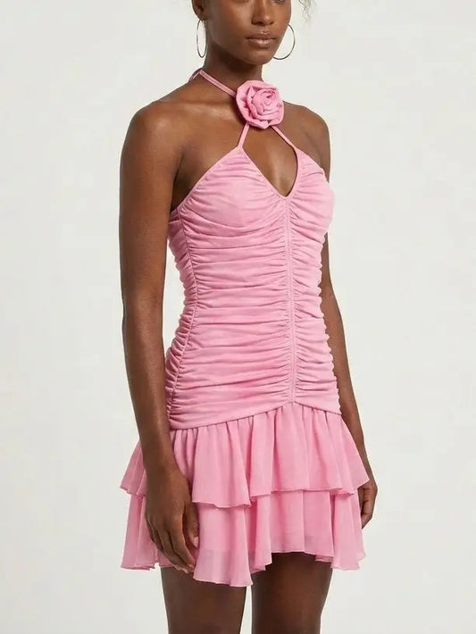 Rose-Appliqué Pink Ruched Mini Dress - Dresses
