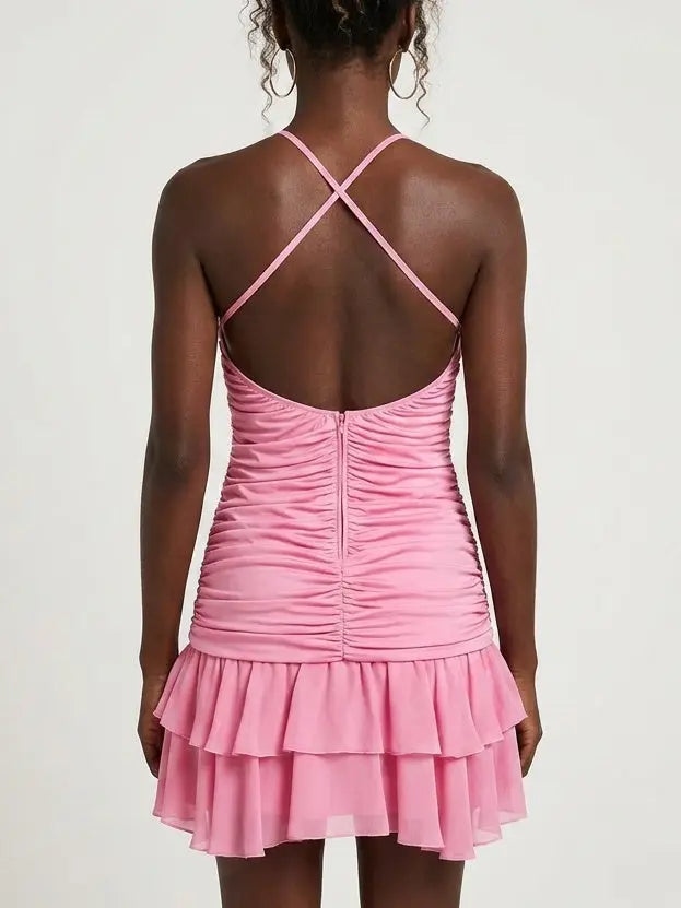 Rose-Appliqué Pink Ruched Mini Dress