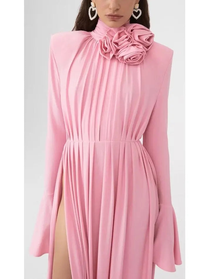 Rose-Appliques Bell Sleeve Pink Dress - Branna Couture