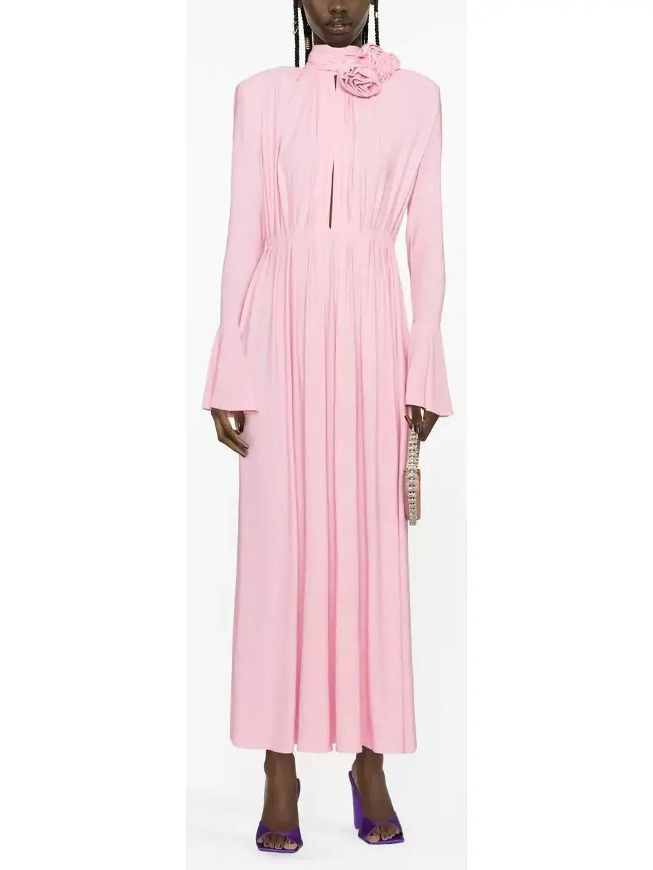 Rose-Appliques Bell Sleeve Pink Dress - Branna Couture