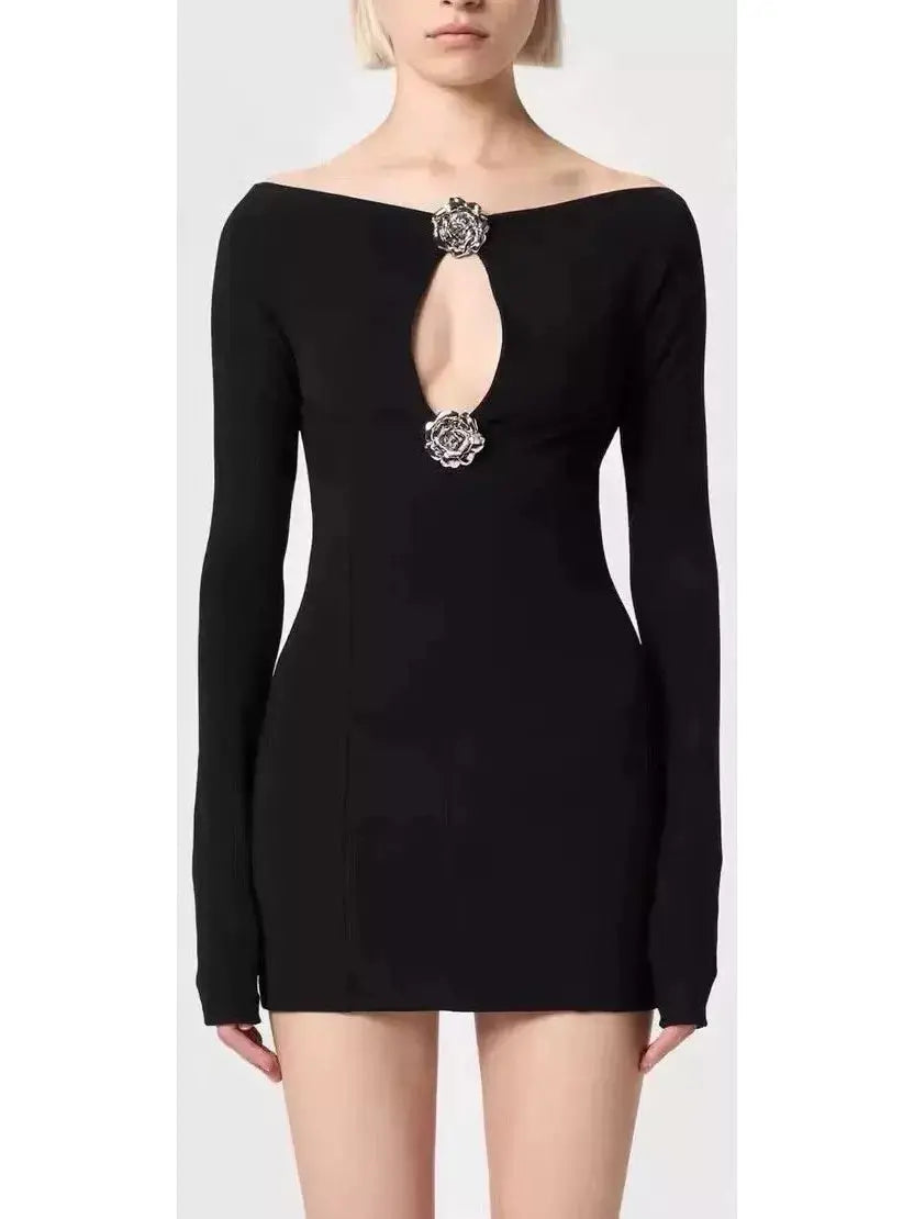 Rose Brooch Detail Black Mini Dress - Branna Couture