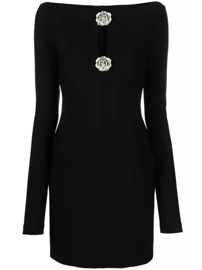 Rose Brooch Detail Black Mini Dress - Branna Couture