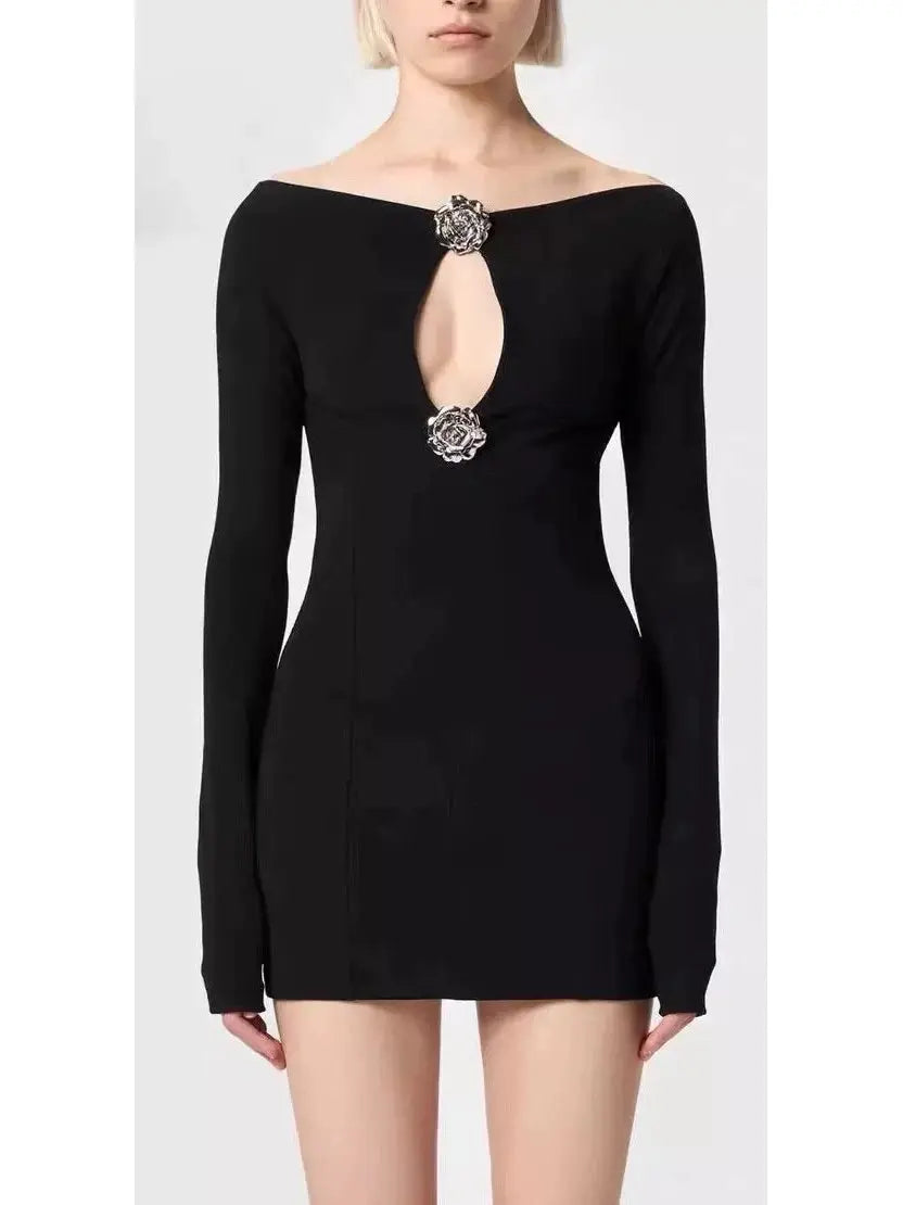 Rose Brooch Detail Black Mini Dress - Branna Couture