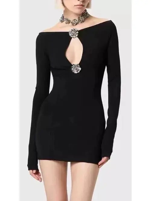 Rose Brooch Detail Black Mini Dress - Branna Couture