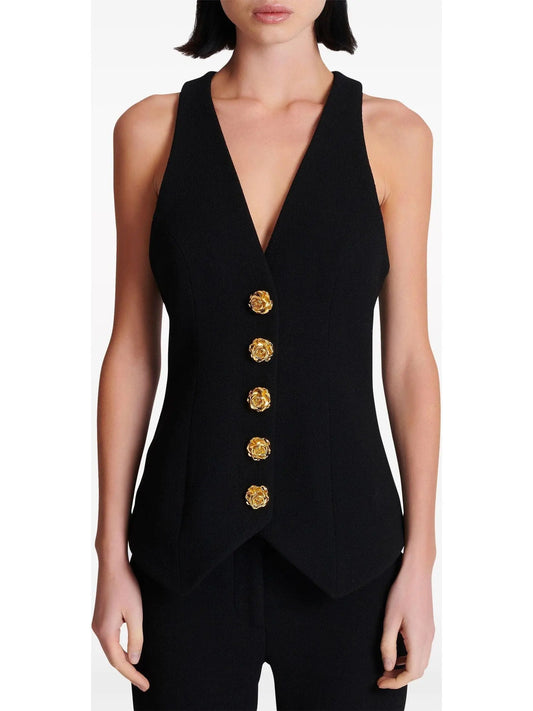 Rose Buttoned Black Double Crepe Vest - Branna Couture