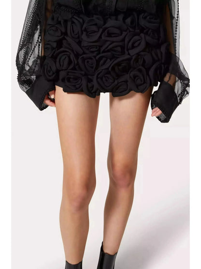 Rose Detail Mini Skort in Black - Branna Couture